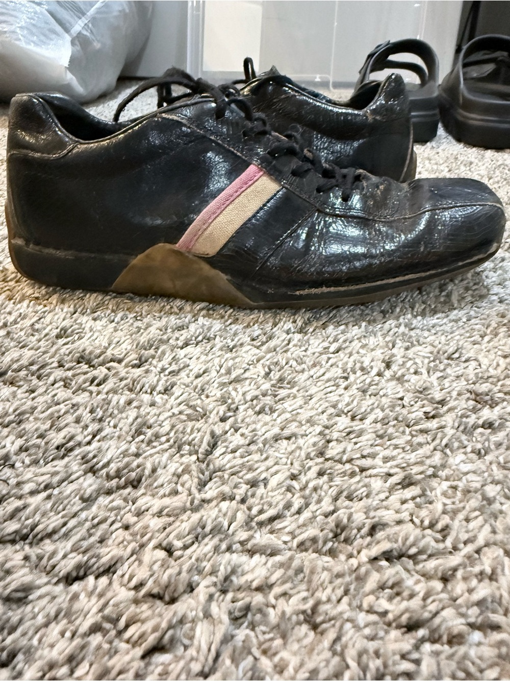 Diesel Black Leather Sneakers with Pink and Cream Stripe